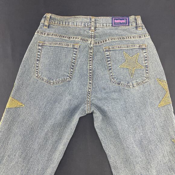Vtg Y2K Bubblegum Jeans Womens 3/4 Flare Gold Glitter Embroidered Stars Low Rise - Picture 9 of 11
